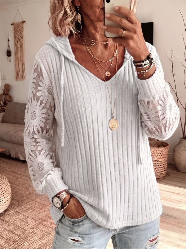 Solid Lace Spliced Hooded Knit Top