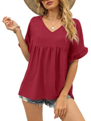 Womens V Neck Ruffle Sleeve Tops