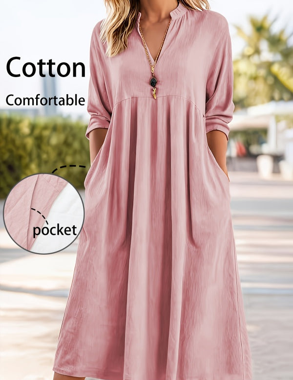 Retro Three-Quarter Sleeve V-Neck Pocket Dress
