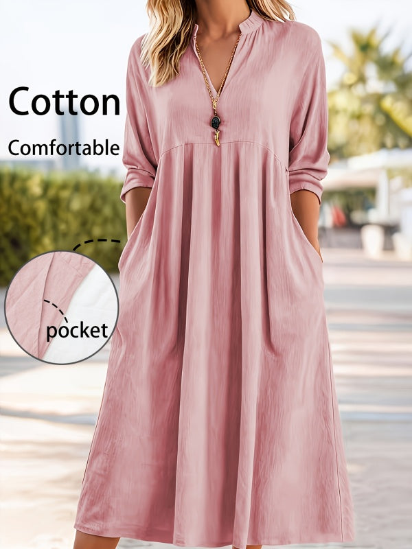 Retro Three-Quarter Sleeve V-Neck Pocket Dress