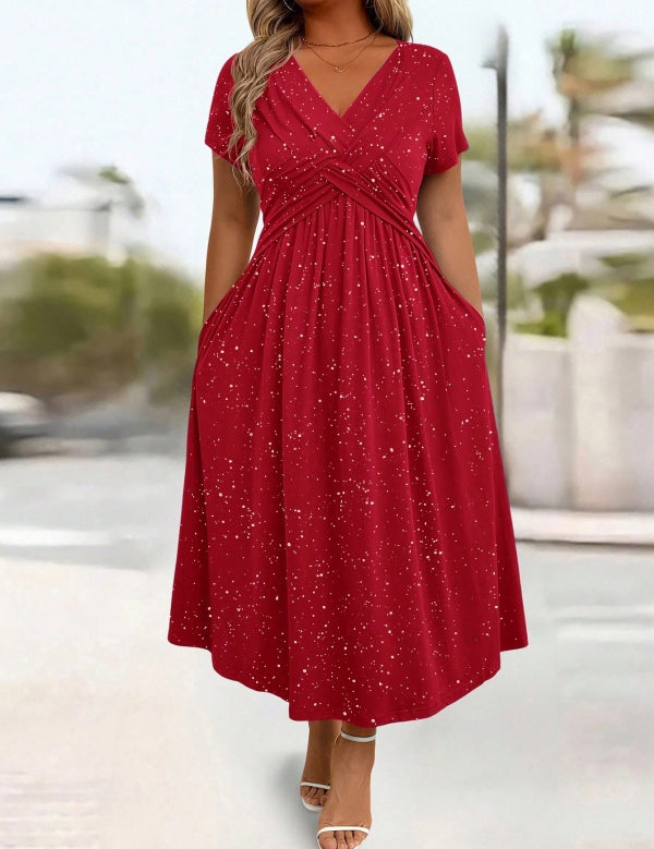 Women's V-Neck Floral Print Dress with Twist Waist