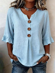V-Neck Button Up Ruffle Sleeve Blouse
