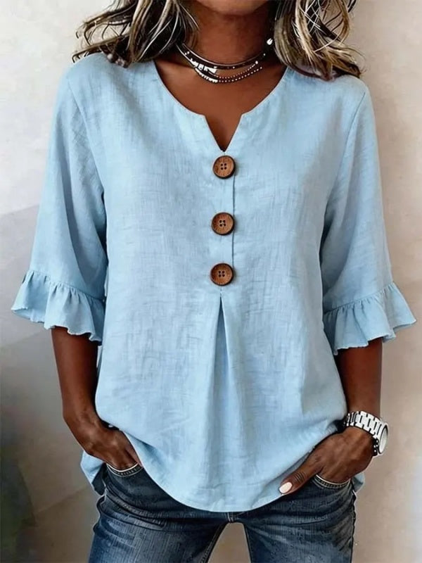 V-Neck Button Up Ruffle Sleeve Blouse