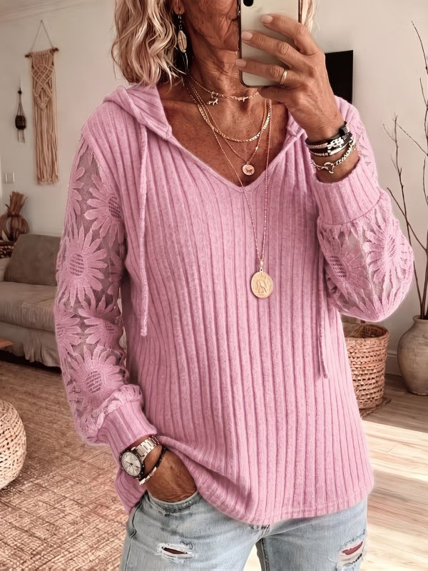 Solid Lace Spliced Hooded Knit Top
