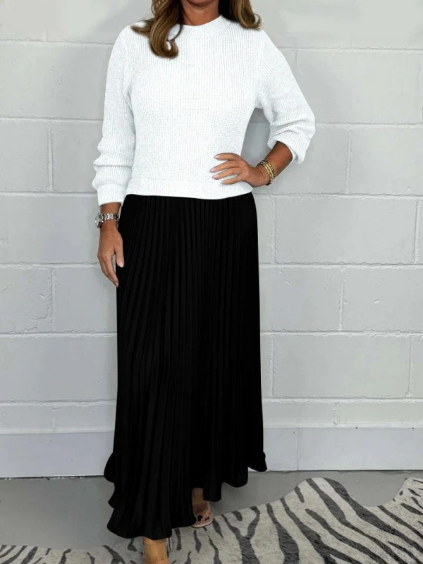 Sweater-Spliced Pleated Maxi Dress