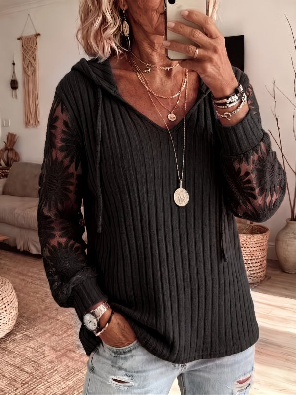Solid Lace Spliced Hooded Knit Top