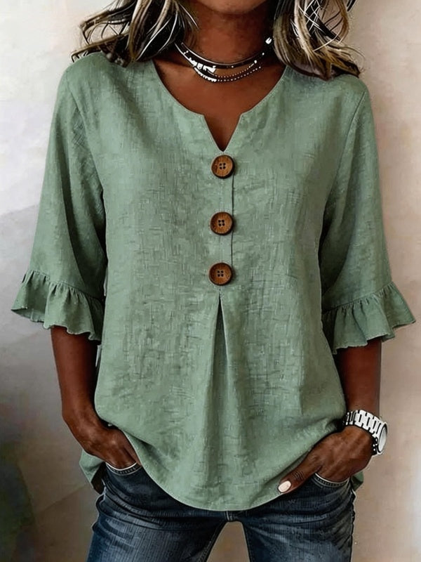 V-Neck Button Up Ruffle Sleeve Blouse