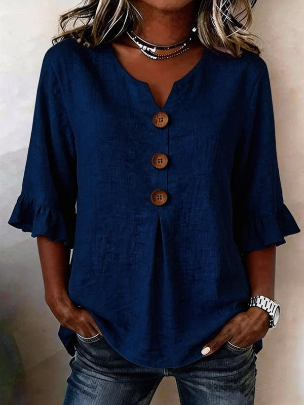 V-Neck Button Up Ruffle Sleeve Blouse