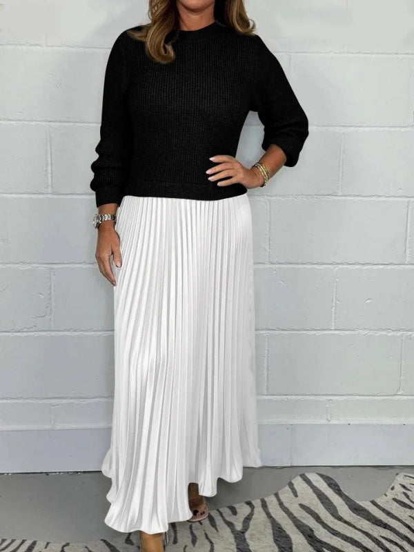 Sweater-Spliced Pleated Maxi Dress