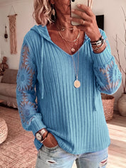 Solid Lace Spliced Hooded Knit Top