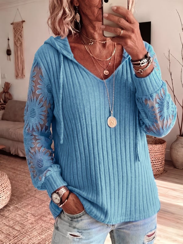 Solid Lace Spliced Hooded Knit Top