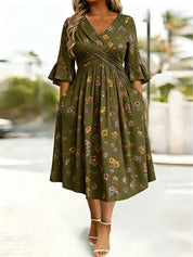 Wrap-Front Tie-Waist Midi Dress With Pockets