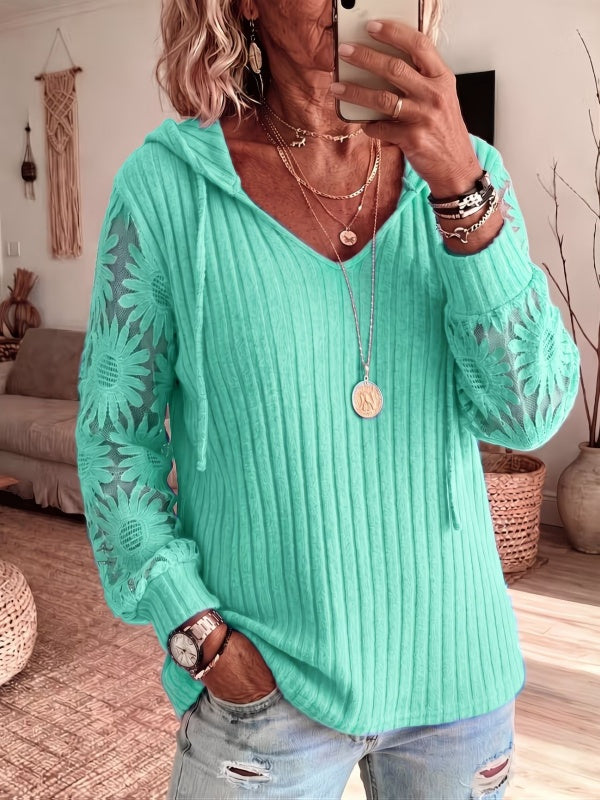 Solid Lace Spliced Hooded Knit Top