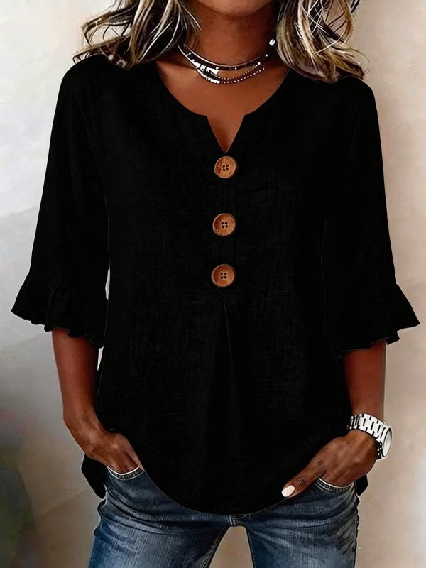 V-Neck Button Up Ruffle Sleeve Blouse