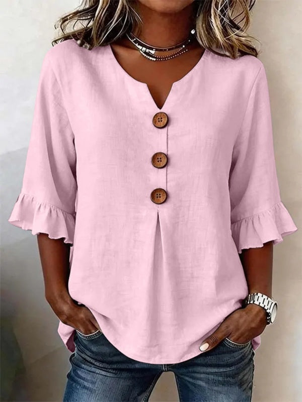 V-Neck Button Up Ruffle Sleeve Blouse