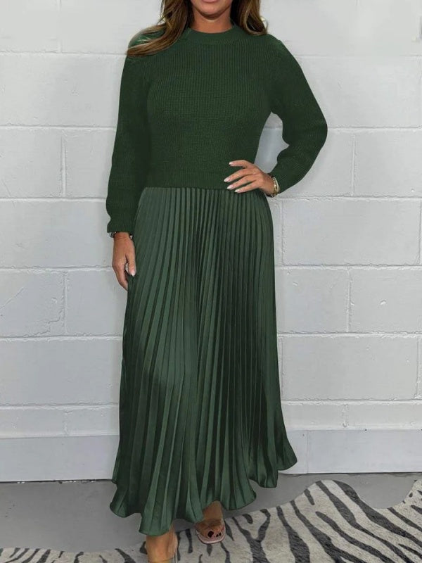 Sweater-Spliced Pleated Maxi Dress