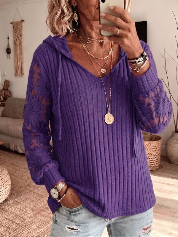 Solid Lace Spliced Hooded Knit Top