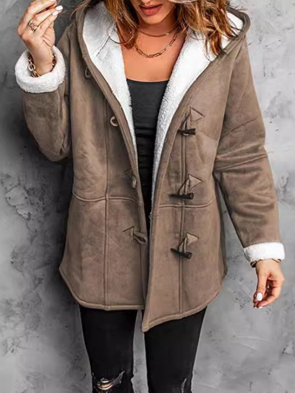 Women's Hooded Suede Coat with Plush Lining