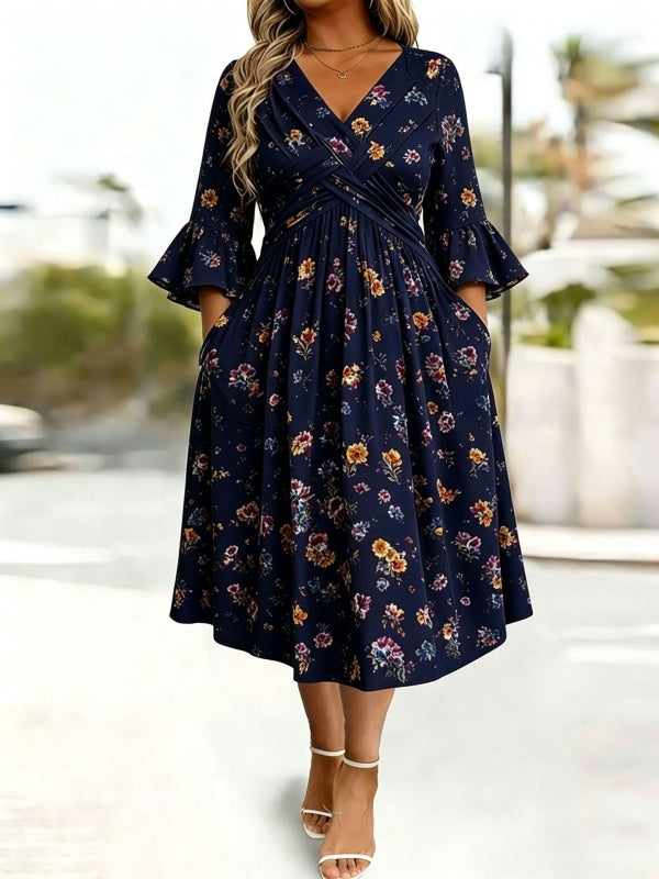 Wrap-Front Tie-Waist Midi Dress With Pockets