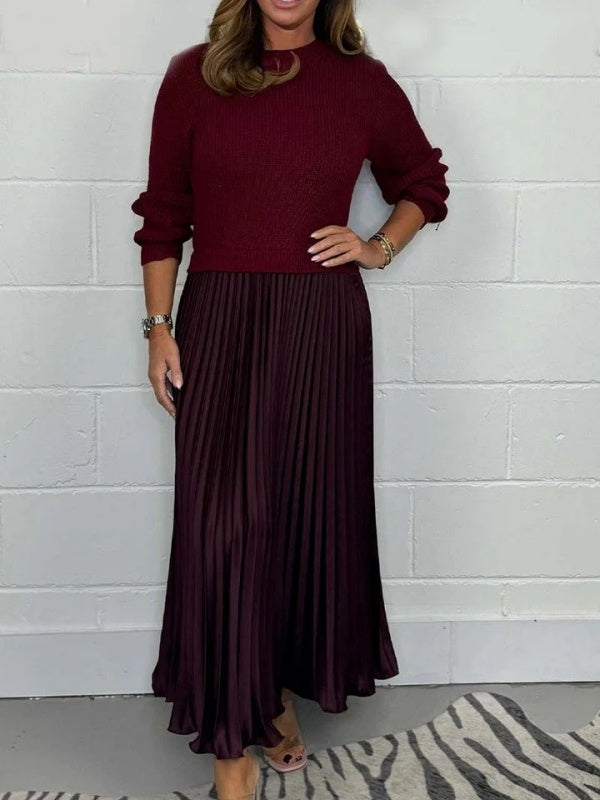 Sweater-Spliced Pleated Maxi Dress