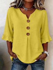 V-Neck Button Up Ruffle Sleeve Blouse
