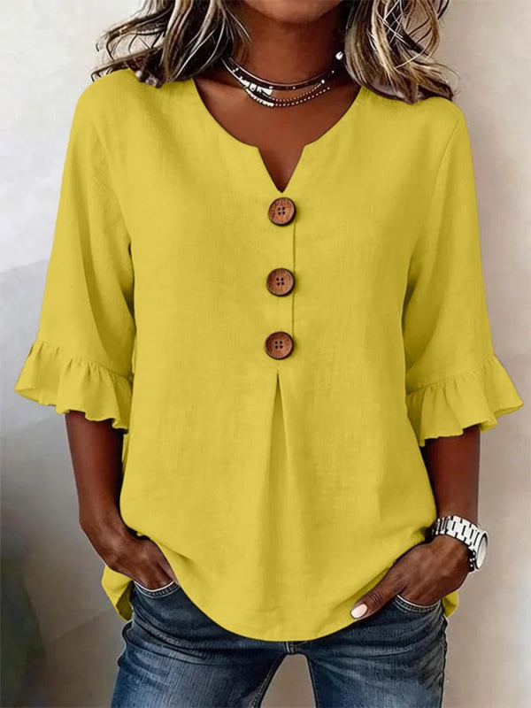 V-Neck Button Up Ruffle Sleeve Blouse