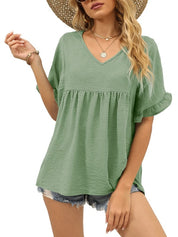 Womens V Neck Ruffle Sleeve Tops