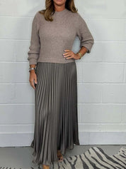 Sweater-Spliced Pleated Maxi Dress