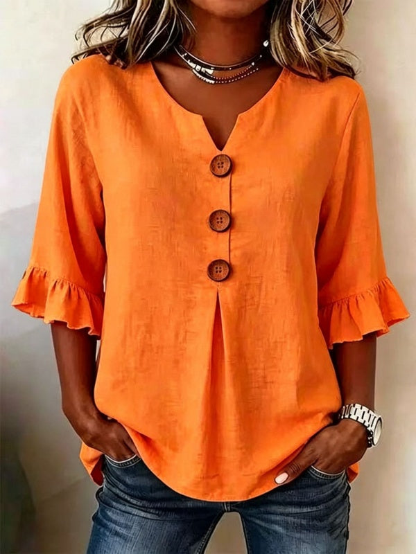 V-Neck Button Up Ruffle Sleeve Blouse