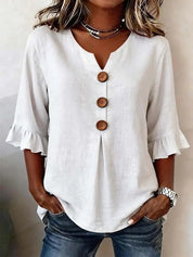 V-Neck Button Up Ruffle Sleeve Blouse