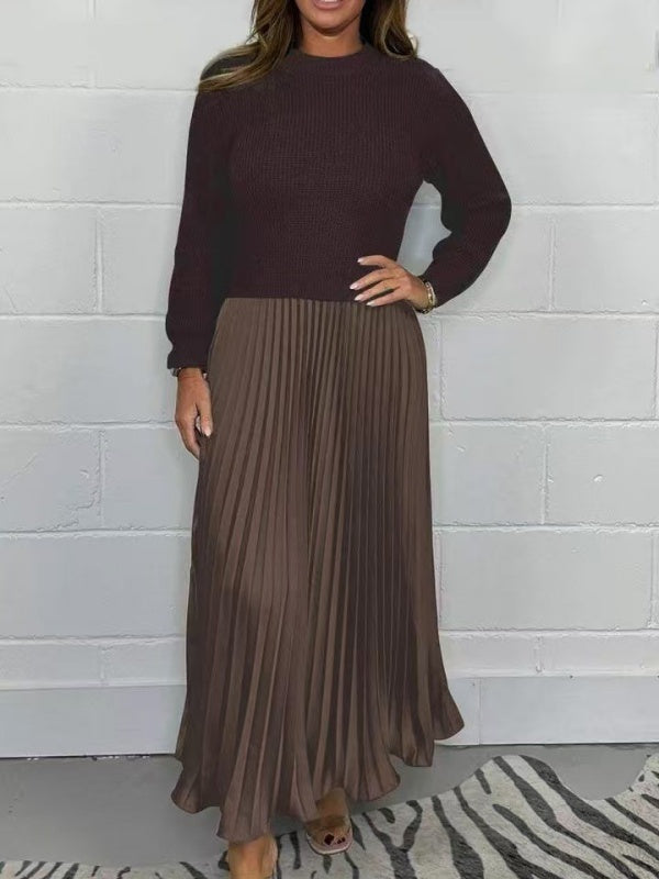 Sweater-Spliced Pleated Maxi Dress
