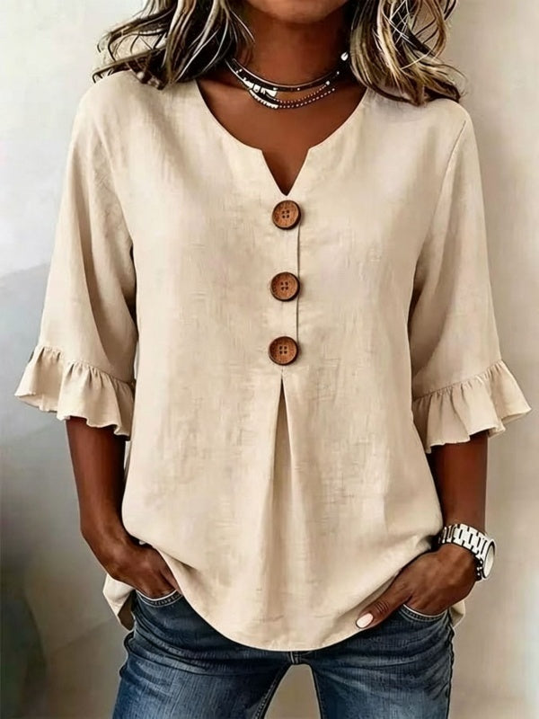V-Neck Button Up Ruffle Sleeve Blouse
