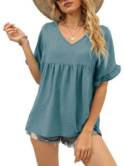 Womens V Neck Ruffle Sleeve Tops