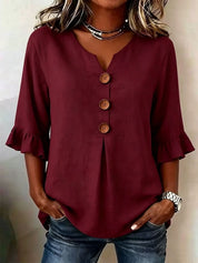V-Neck Button Up Ruffle Sleeve Blouse