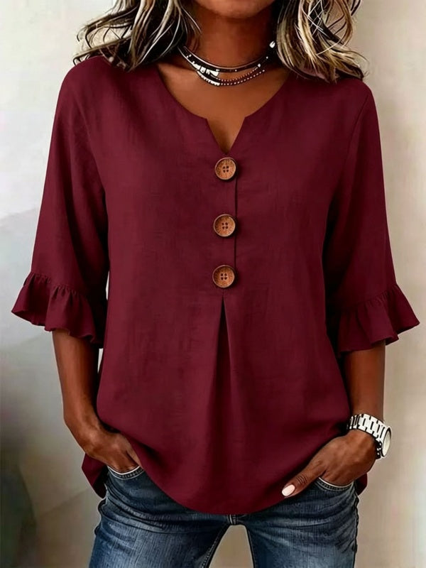V-Neck Button Up Ruffle Sleeve Blouse