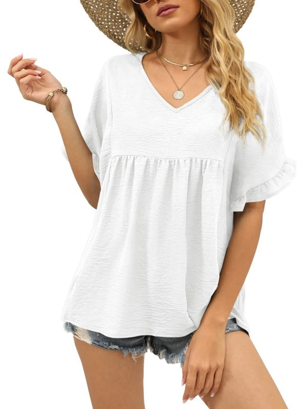 Womens V Neck Ruffle Sleeve Tops