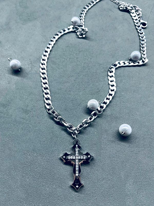 Men's Rhinestone Cross Pendant Chain Necklace