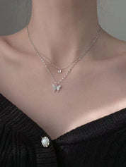 Rhinestone Butterfly Pendant Double Layered Necklace