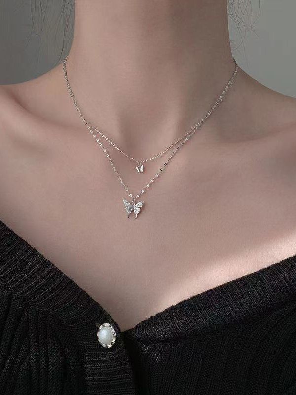 Rhinestone Butterfly Pendant Double Layered Necklace