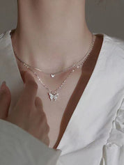 Rhinestone Butterfly Pendant Double Layered Necklace