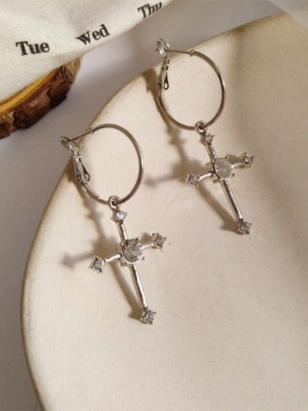 Rhinestone Cross Hoop Earrings