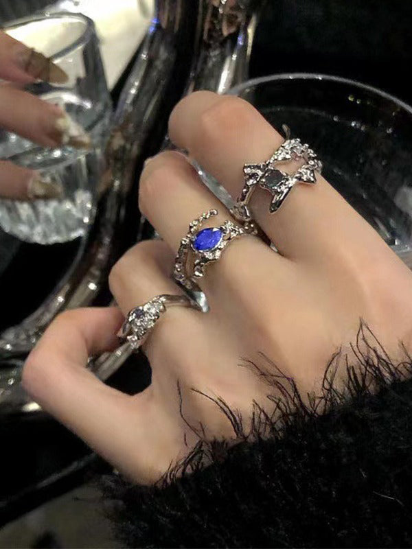 3pcs Zircon Silver Cuff Ring Set
