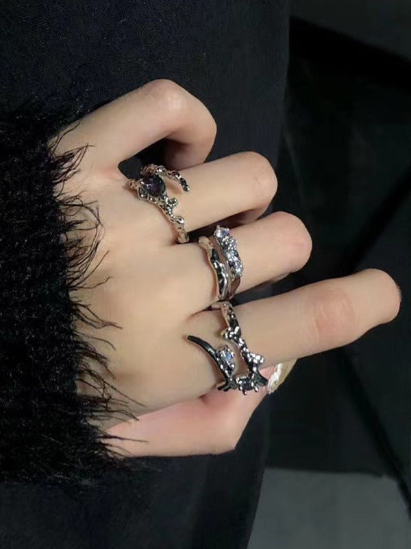 3pcs Zircon Silver Cuff Ring Set