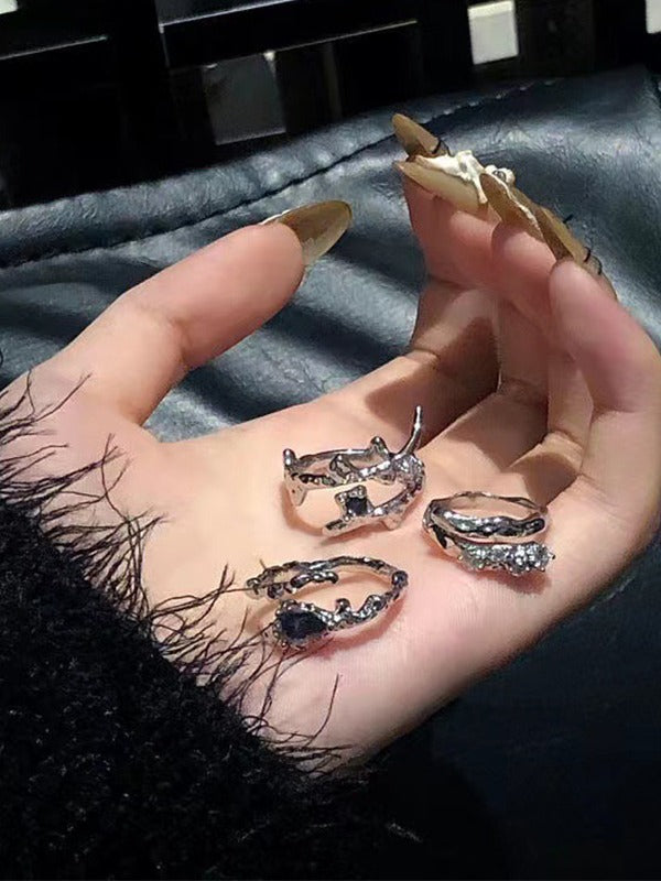 3pcs Zircon Silver Cuff Ring Set