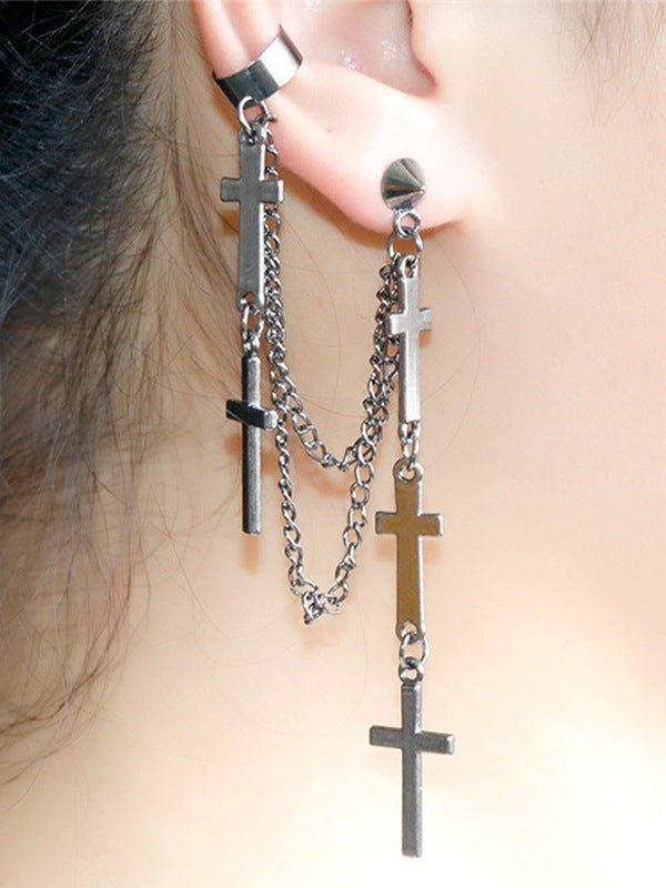 Chain Embellished Cross Drop Earring