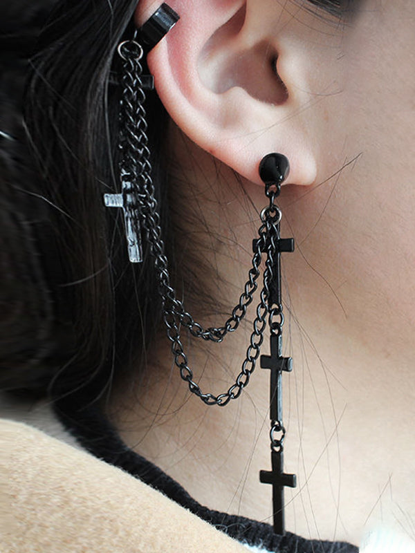 Chain Embellished Cross Drop Earring