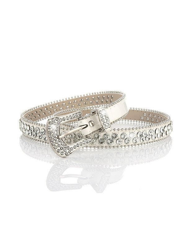 Double Rhinestone Pu Leather Buckle Belt