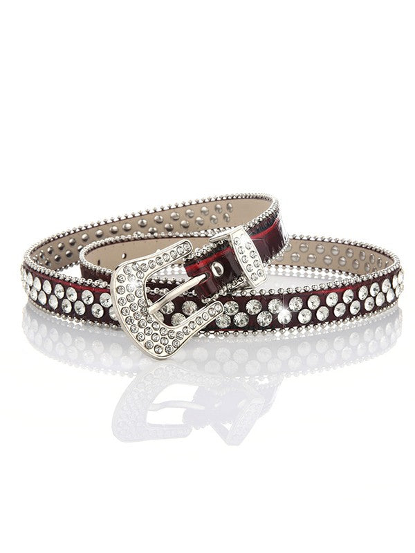 Double Rhinestone Pu Leather Buckle Belt