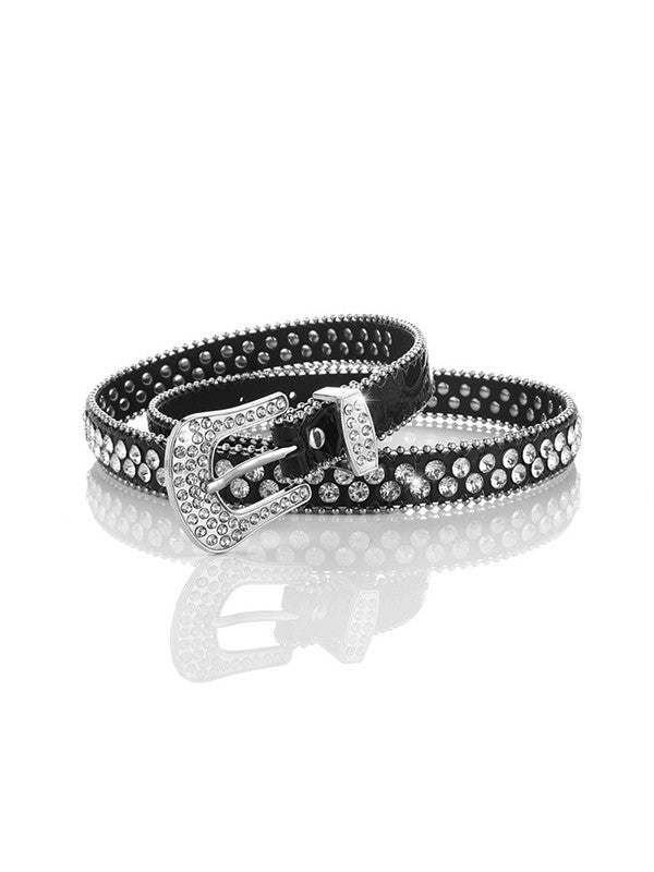 Double Rhinestone Pu Leather Buckle Belt