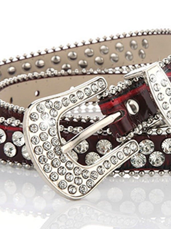 Double Rhinestone Pu Leather Buckle Belt